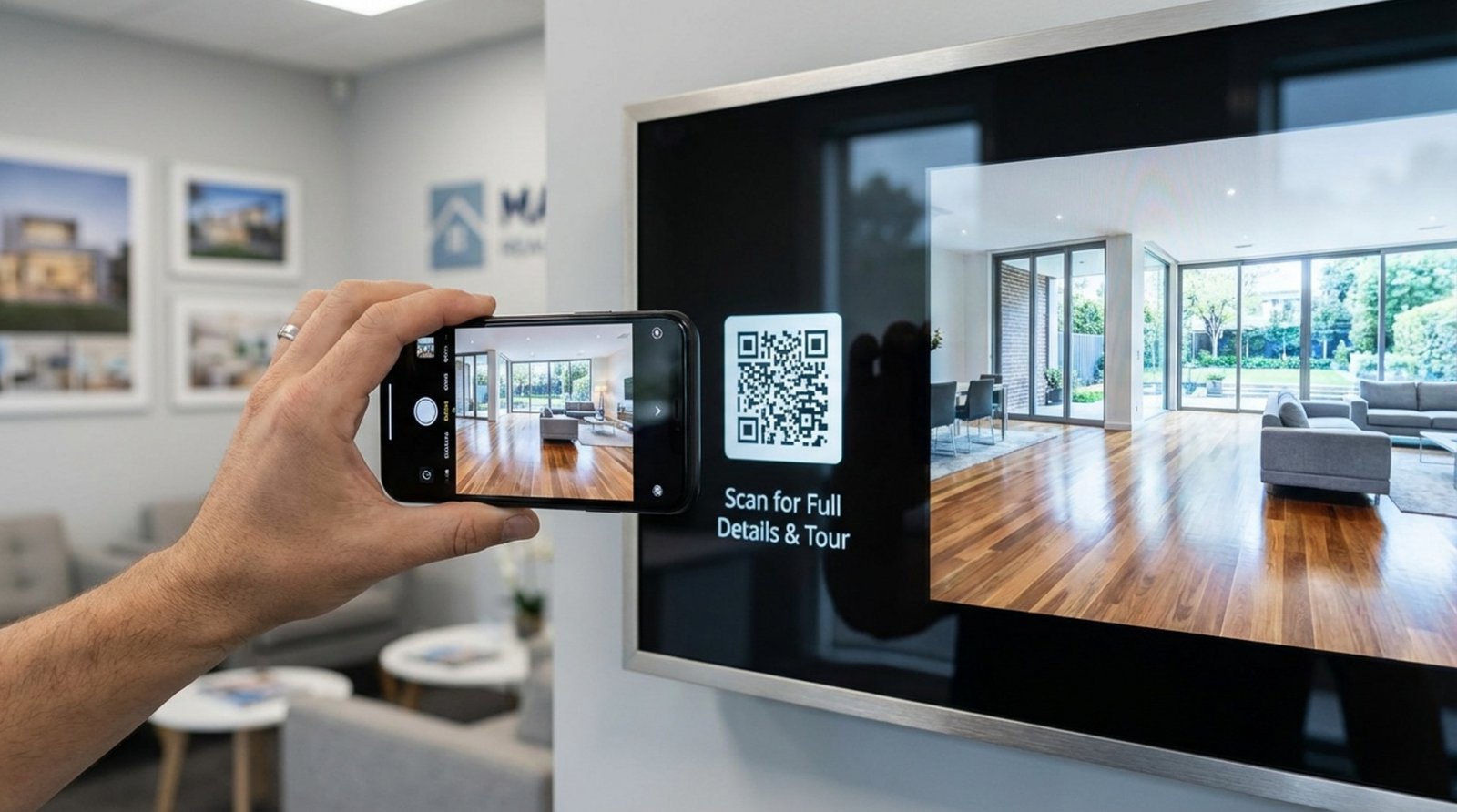 A hand holding a smartphone near a digital screen displaying a QR code for property details in a real estate office.