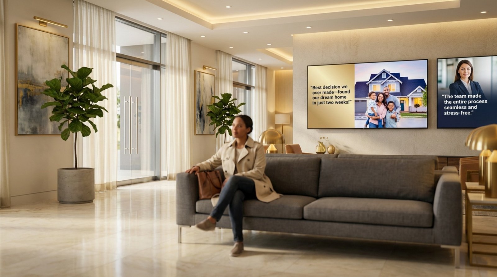 A welcoming real estate agency lobby with a client seated and a digital screen showing glowing testimonials.