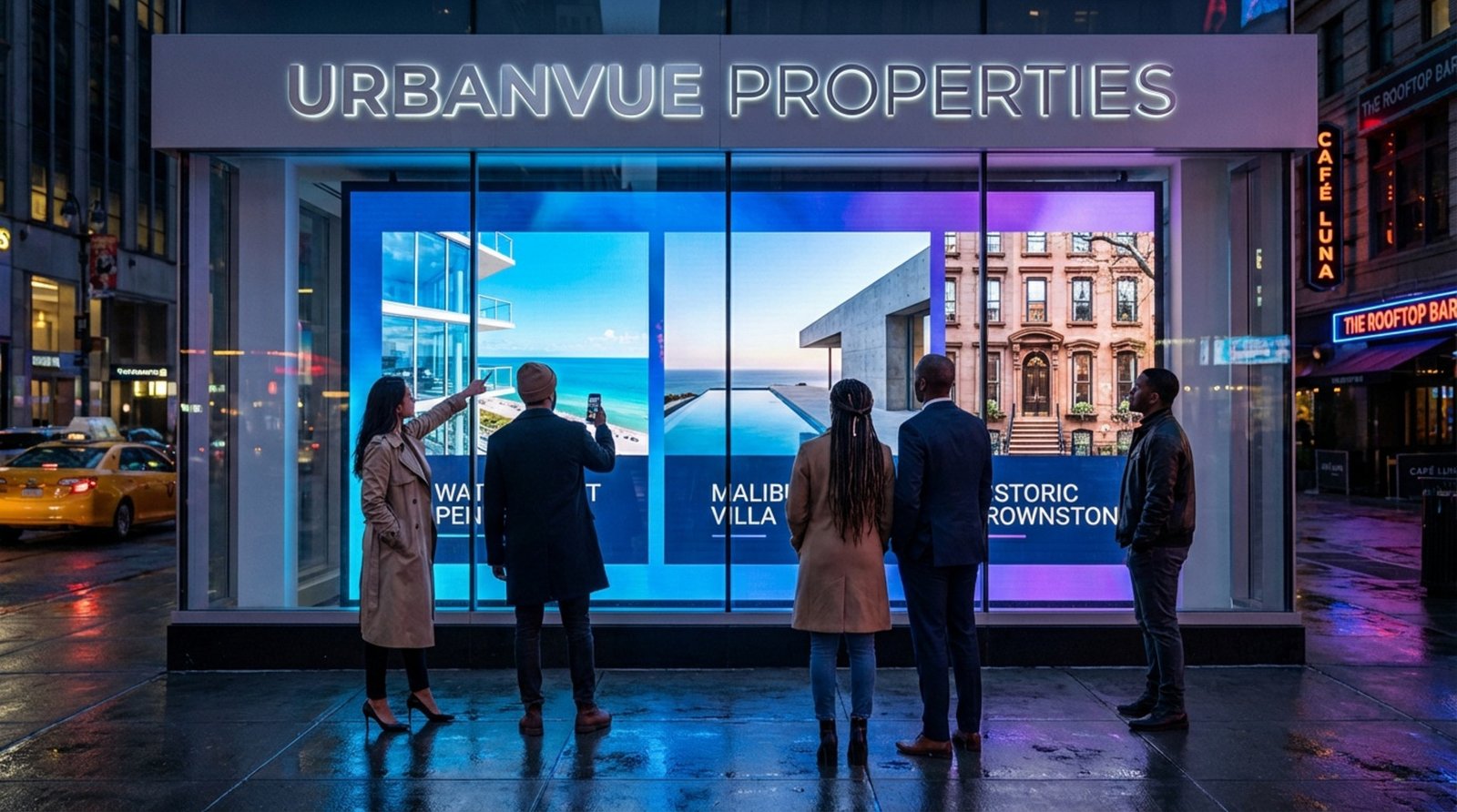 A digital storefront display showcasing luxury properties at twilight, attracting pedestrians with its bright, high-resolution images.
