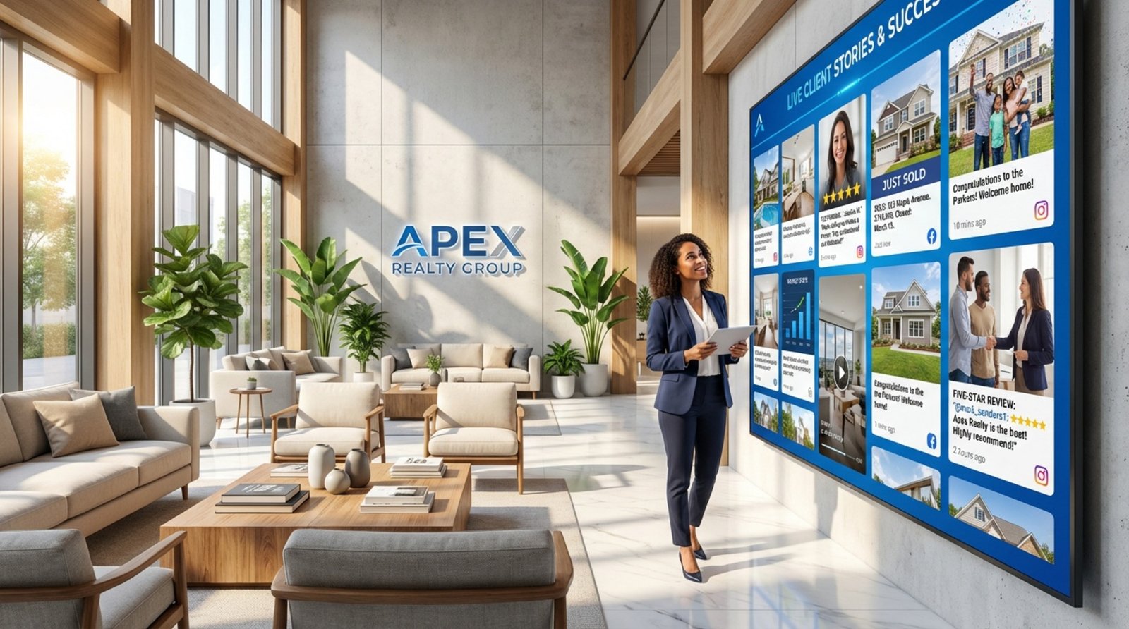 A real estate office lobby with a large digital screen displaying a social media feed of testimonials and success stories, highlighting online engagement and client satisfaction.