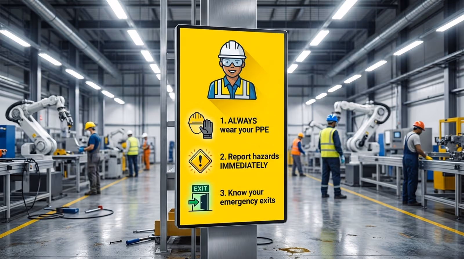 A safety reminder infographic on a digital screen in a factory, highlighting key safety tips with icons and bold text for quick understanding.