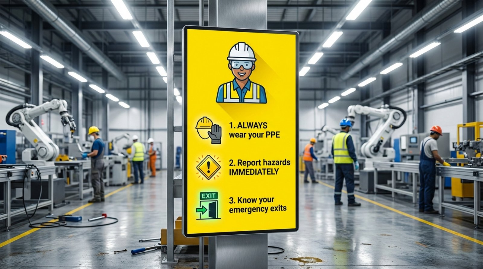 A safety reminder infographic on a digital screen in a factory, highlighting key safety tips with icons and bold text for quick understanding.