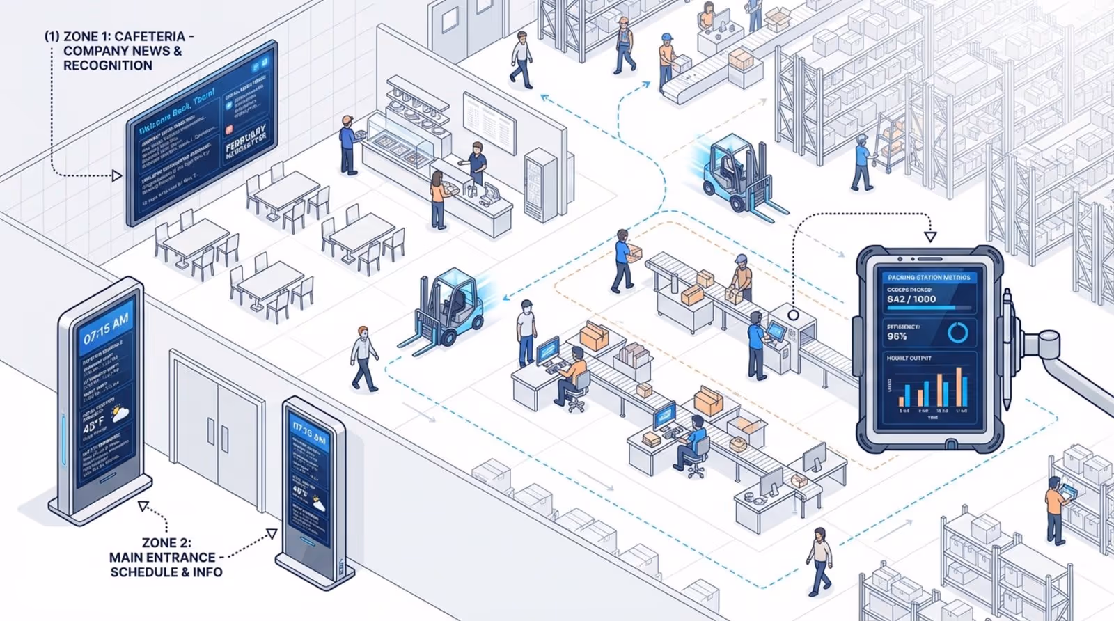 Blueprint-style illustration of a workplace showing strategic placement of digital screens in high-traffic zones for information dissemination.
