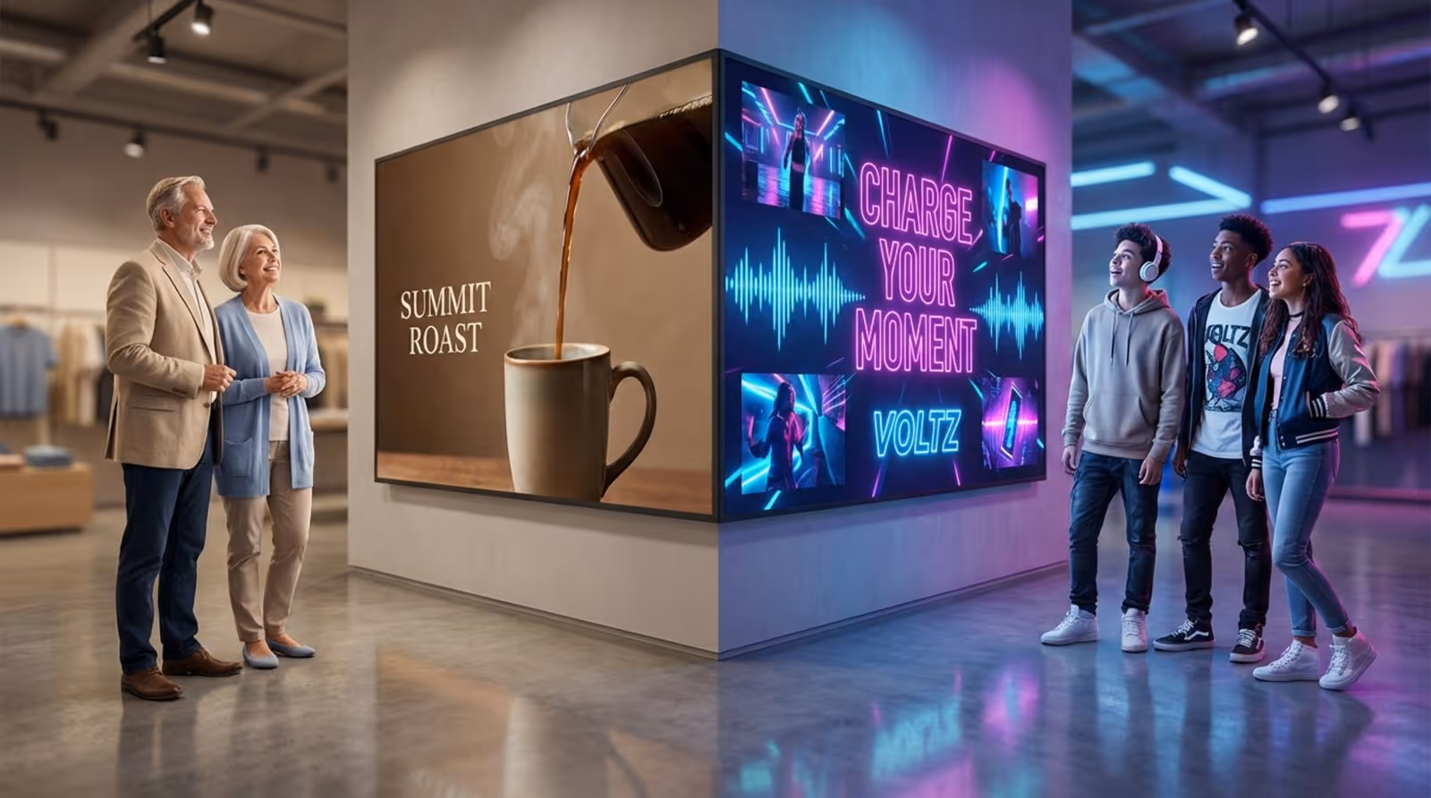 A digital screen in a retail setting displays different content for different audiences, showing an elegant coffee ad for older customers and a vibrant energy drink ad for teenagers.