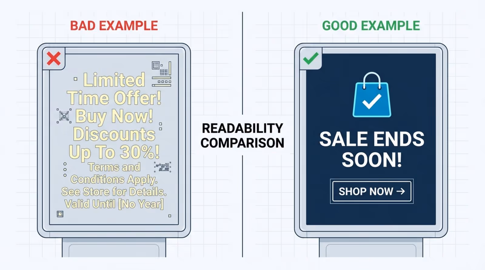 Diagram comparing two digital signs for readability, showing a cluttered bad example and a clear, simple good example with high contrast and bold text.