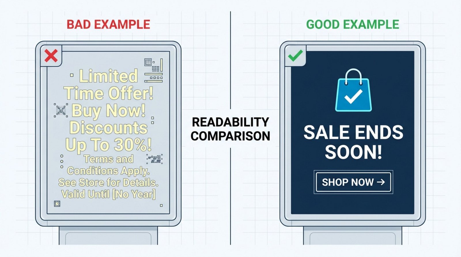 Diagram comparing two digital signs for readability, showing a cluttered bad example and a clear, simple good example with high contrast and bold text.