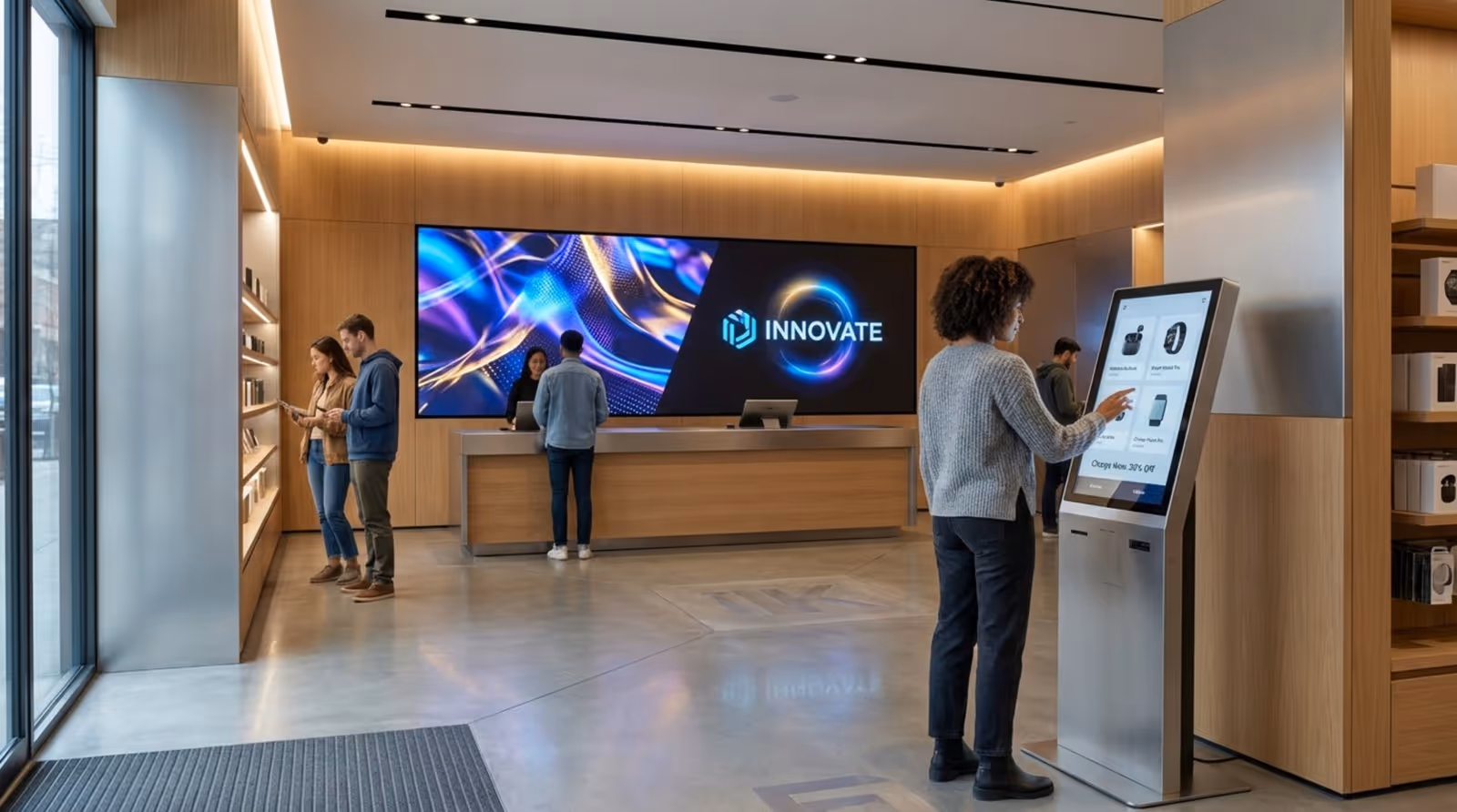 A retail space with digital signage and an interactive kiosk creating an engaging shopping environment.