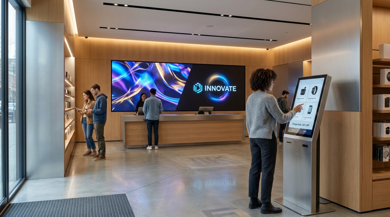 A retail space with digital signage and an interactive kiosk creating an engaging shopping environment.