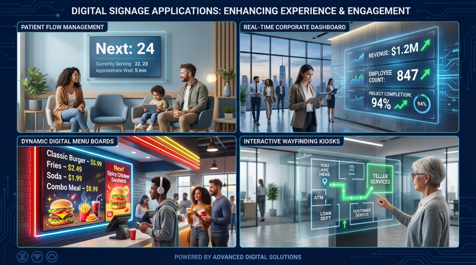 Collage showing different digital signage uses including healthcare, corporate, fast-food, and banking environments.