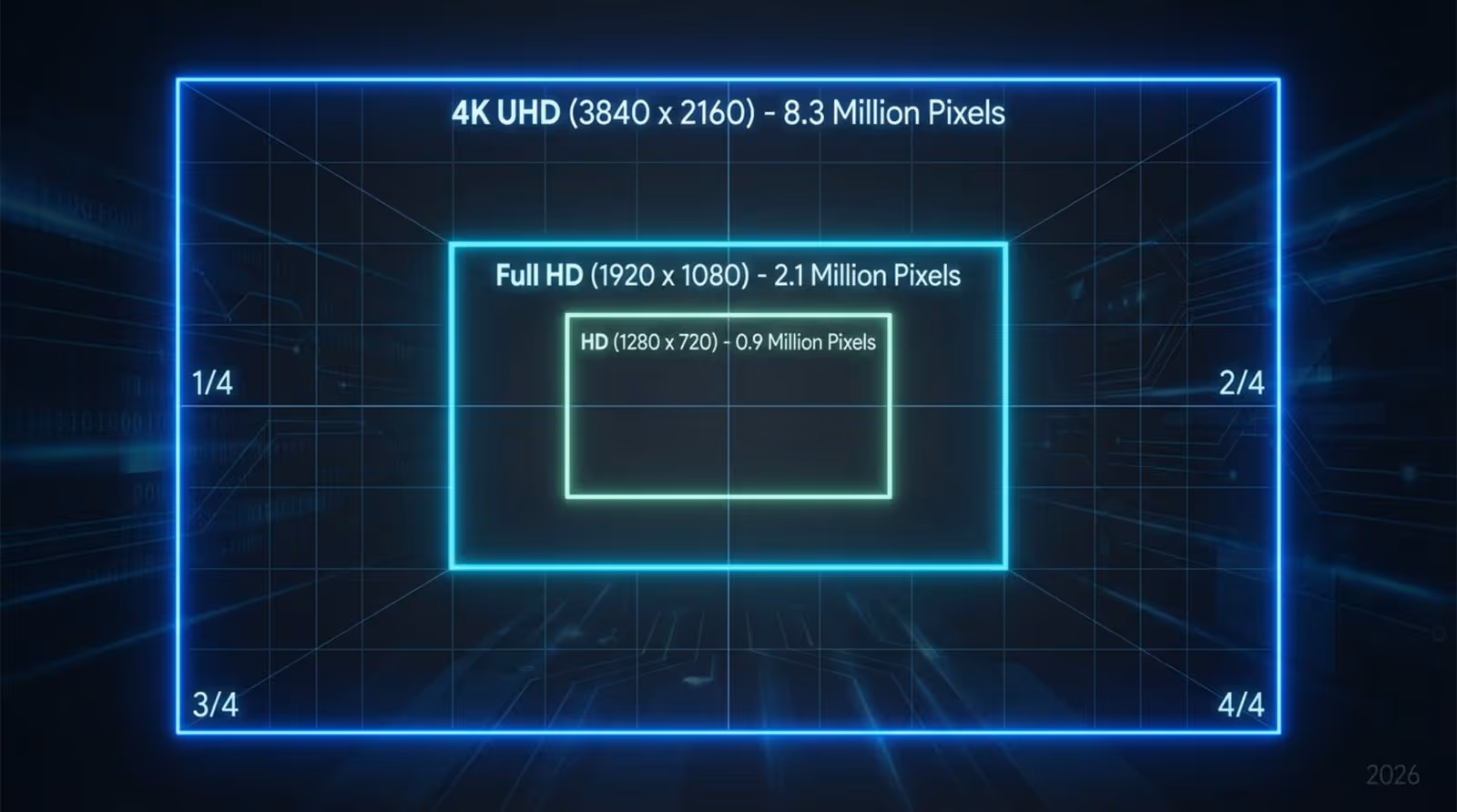 A modern infographic comparing screen resolutions with concentric rectangles illustrating pixel counts and size differences.