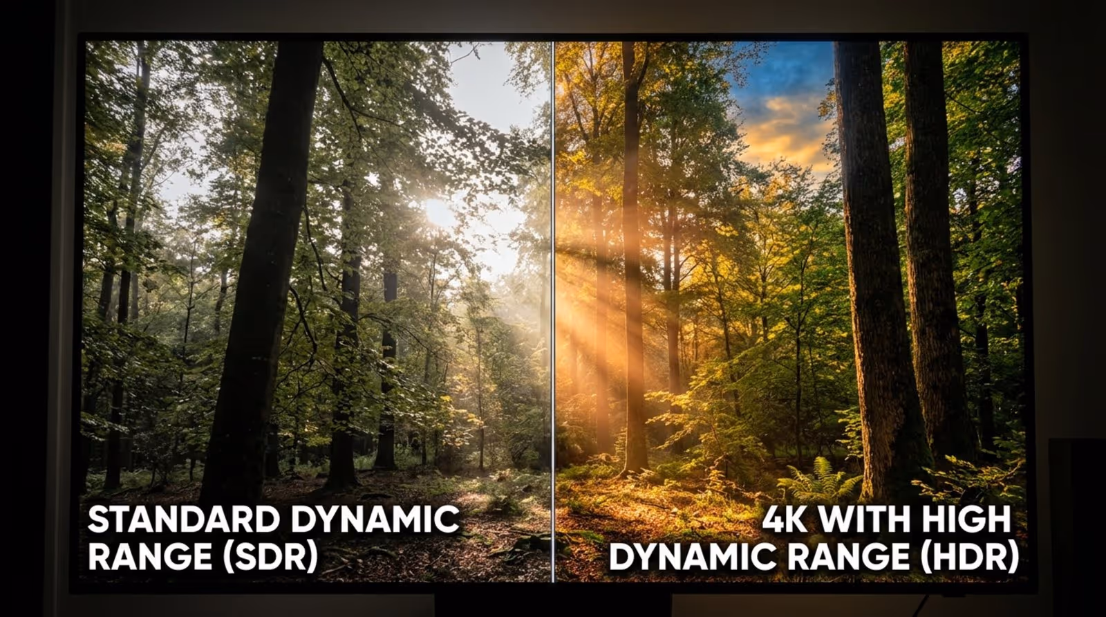 Side-by-side comparison of standard display and 4K HDR display showing a lush forest with sunlight filtering through the canopy, highlighting differences in color vibrancy and contrast.