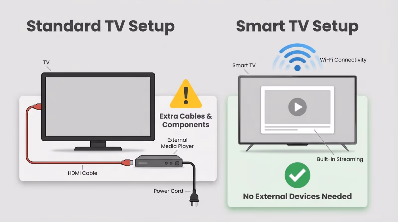 Minimalist infographic comparing standard and smart TV setups with icons and labels.