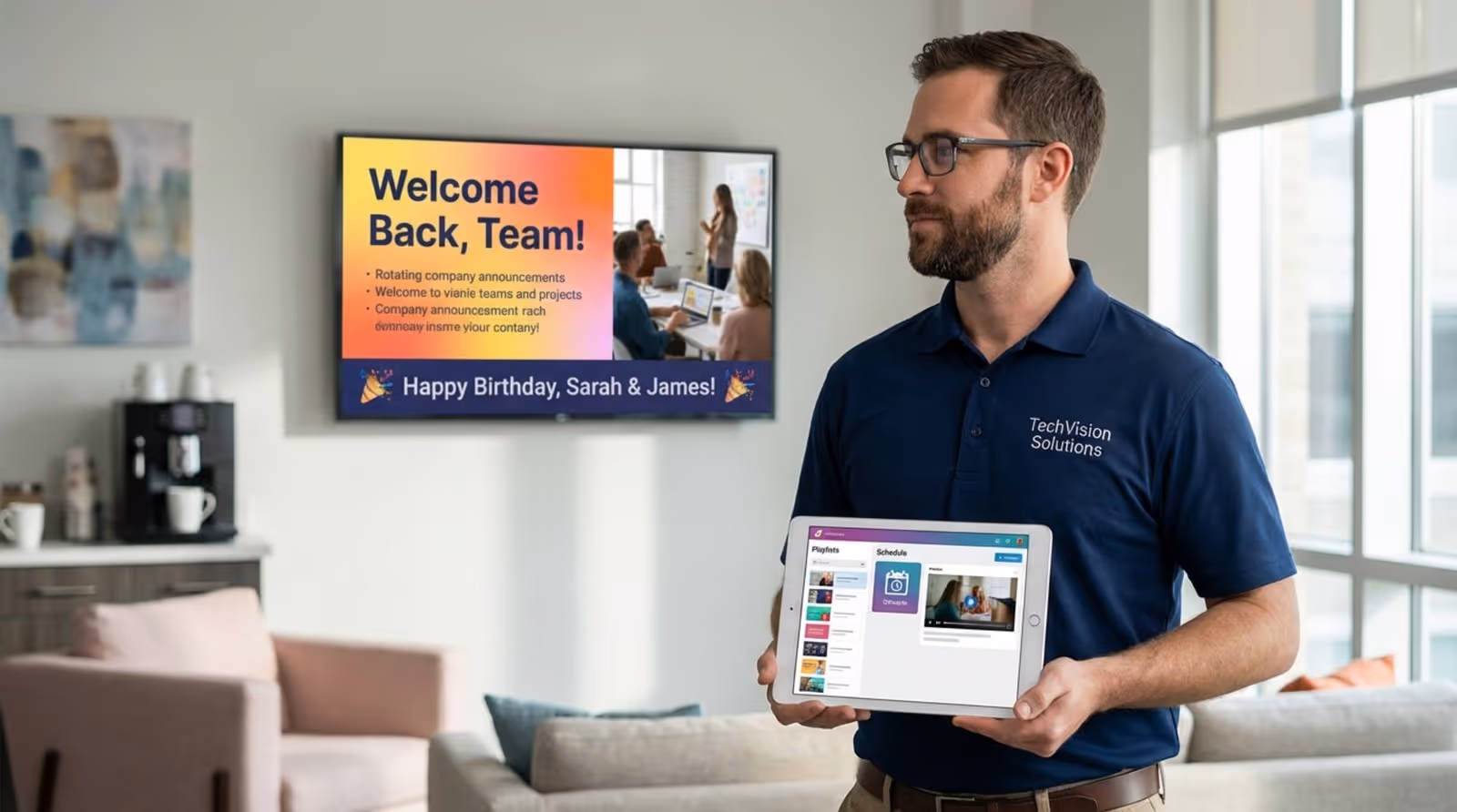 A person setting up a Smart TV for digital signage in an office breakroom, holding a tablet with a CMS dashboard displayed.
