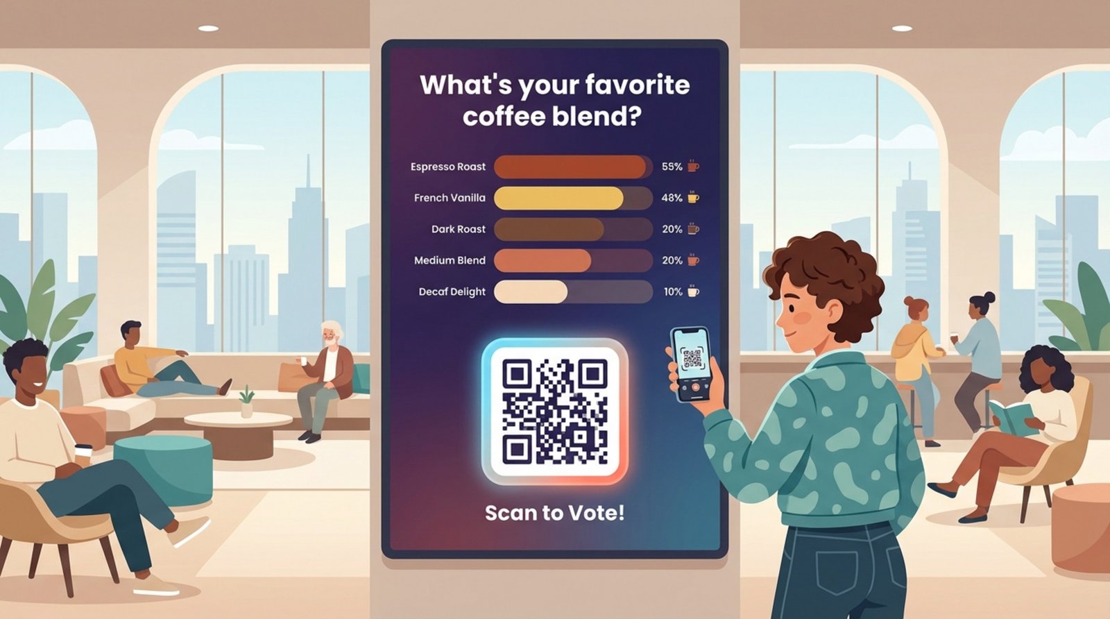 A modern public waiting area with a digital poll display showing live results and a person scanning a QR code to participate.