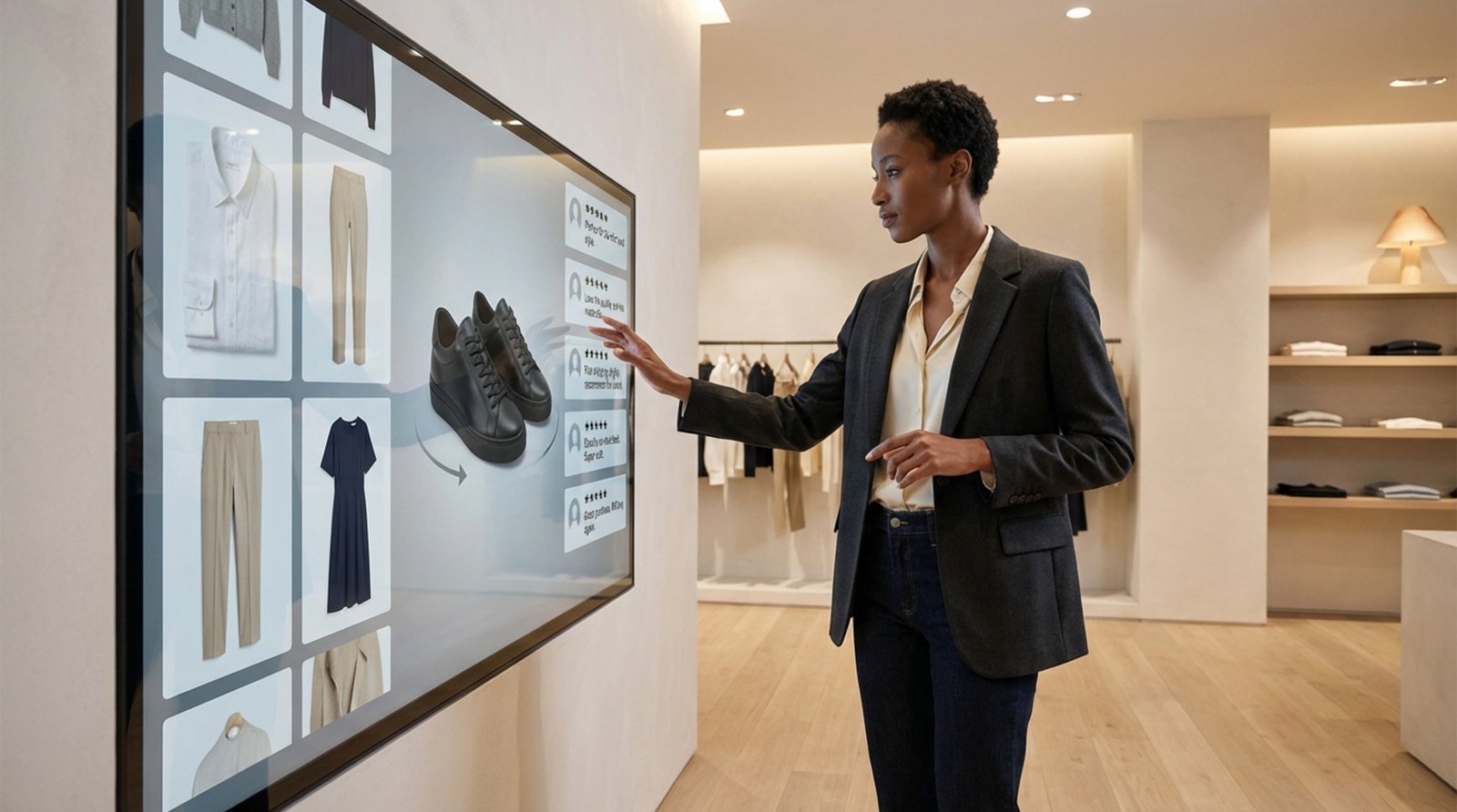 A customer interacts with a large bezel-less touchscreen display in a sleek retail clothing store, showcasing digital catalog features.