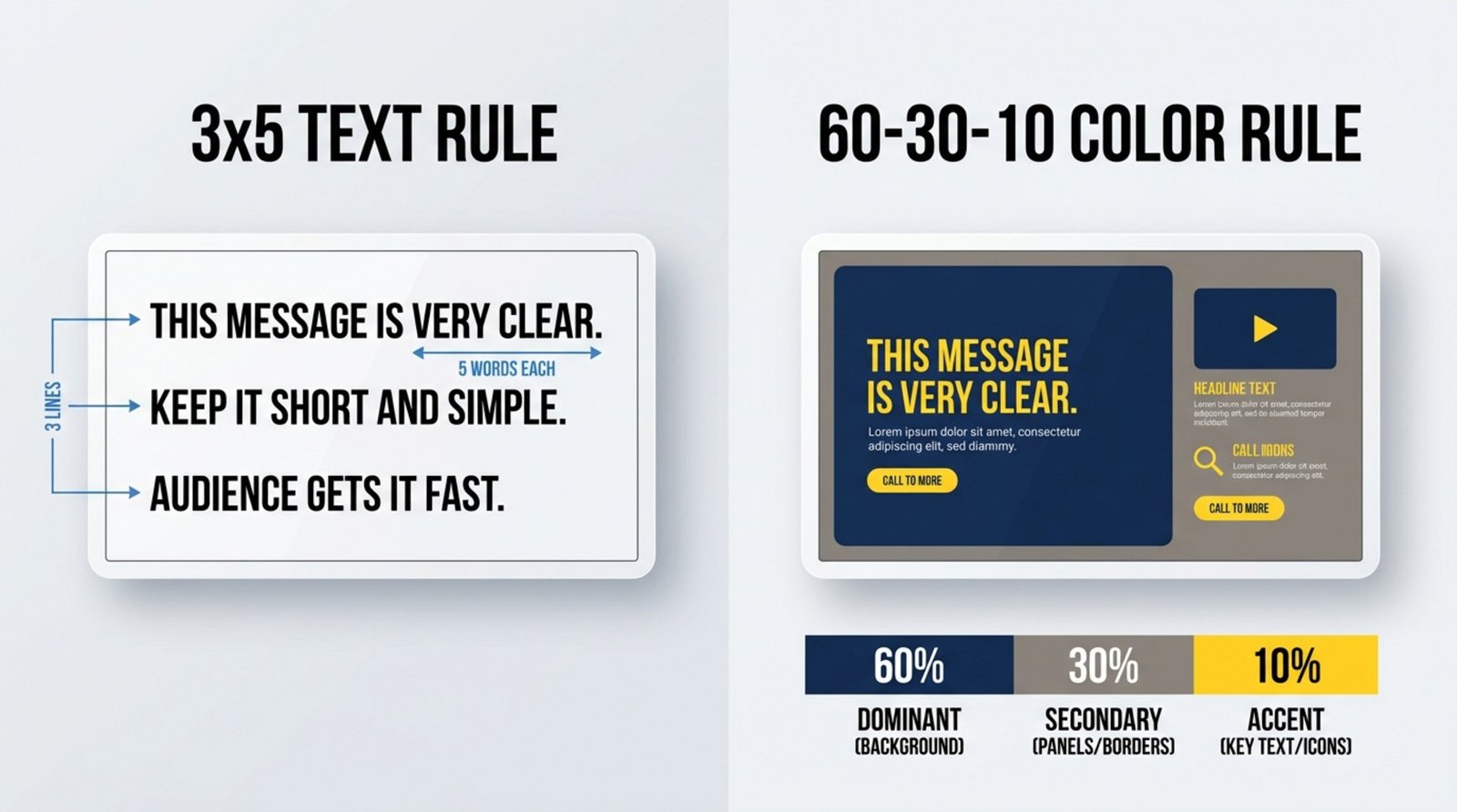 Educational infographic illustrating two digital signage design rules with clear typography and simple colors