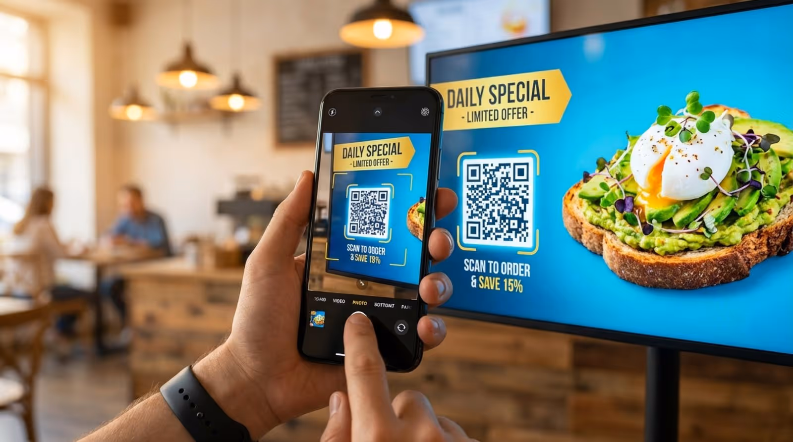 A person's hand holds a smartphone scanning a QR code on a digital menu board in a cafe setting.