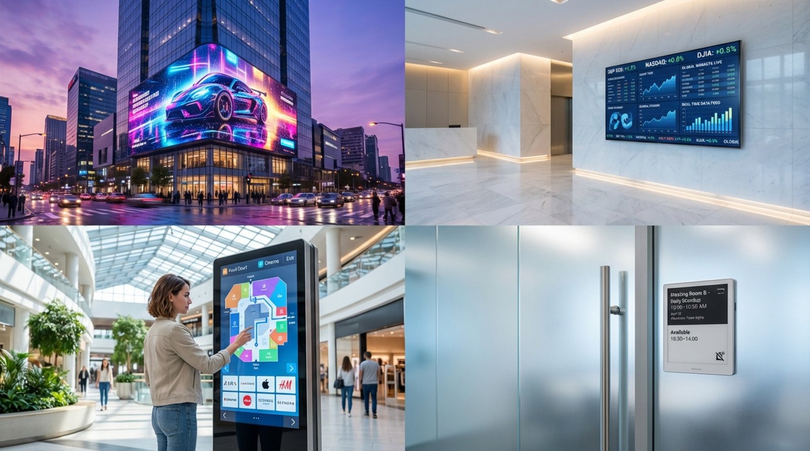 A collage of different digital signage types showcasing high-tech displays in various environments.