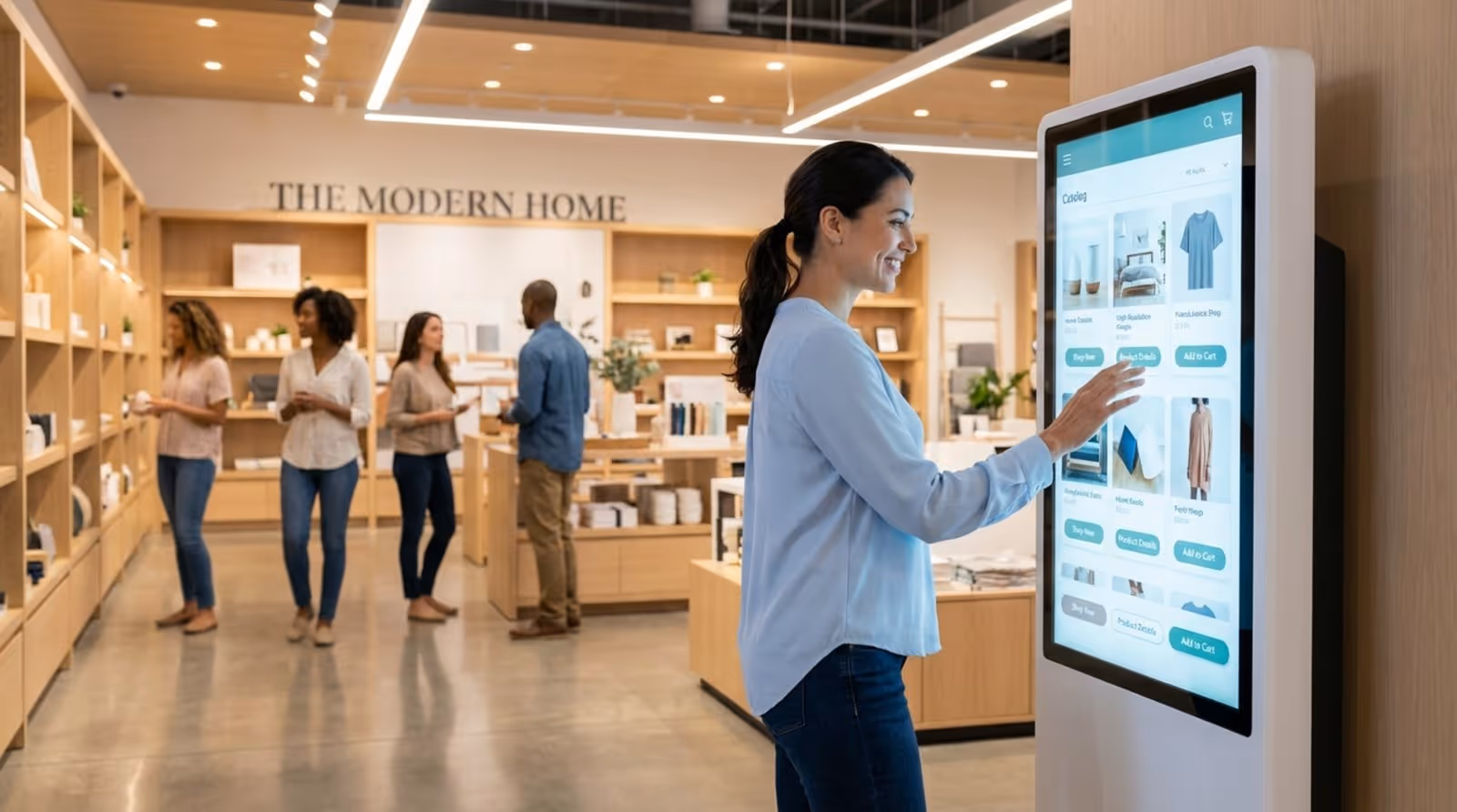 A woman interacts with a large touchscreen kiosk in a busy modern retail environment.