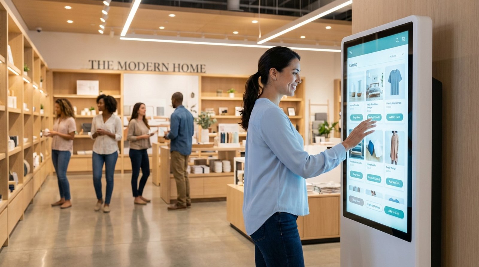 A woman interacts with a large touchscreen kiosk in a busy modern retail environment.