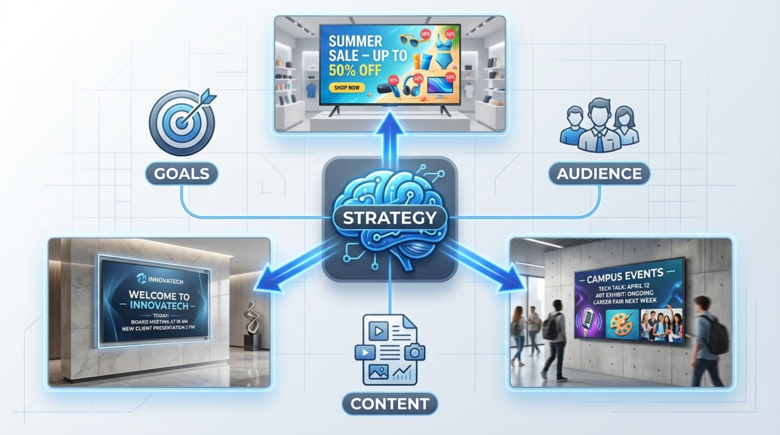Infographic illustrating a digital signage strategy with a central brain labeled Strategy connected to Goals Audience and Content, and arrows pointing to digital screens in retail, corporate, and university settings.
