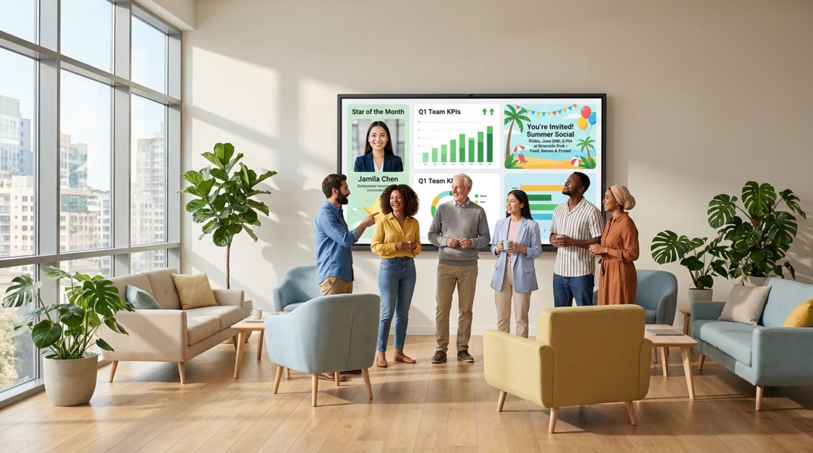 A diverse group of employees gathers in a bright corporate breakroom looking at a digital screen displaying internal communications and team achievements.
