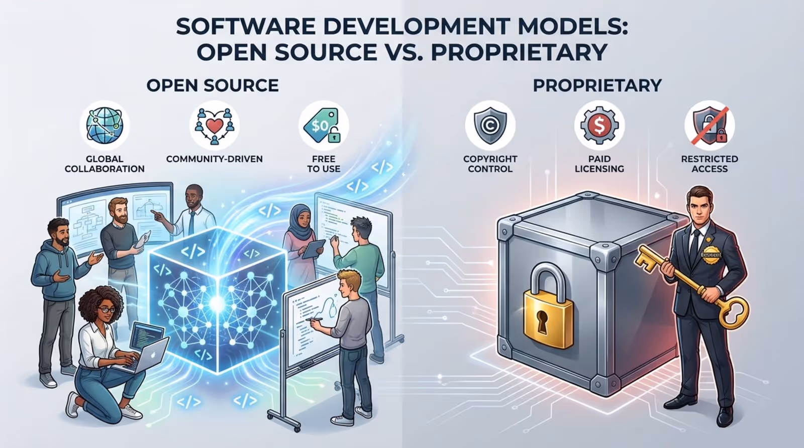 A professional infographic comparing open source and proprietary software with symbols and icons representing collaboration and exclusivity.