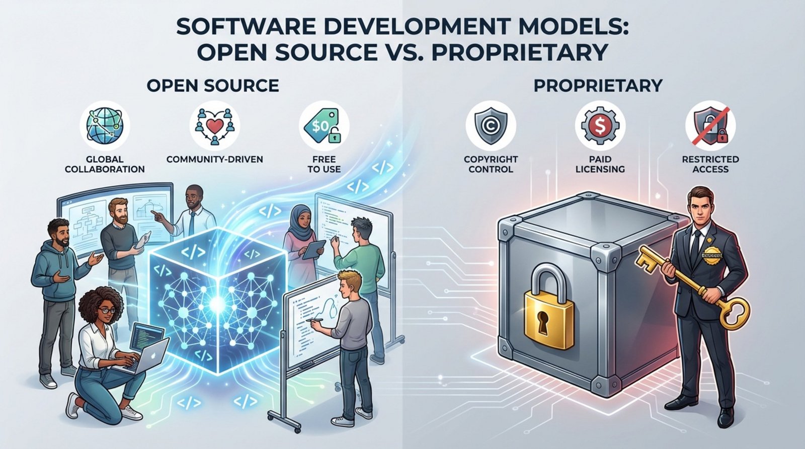 A professional infographic comparing open source and proprietary software with symbols and icons representing collaboration and exclusivity.