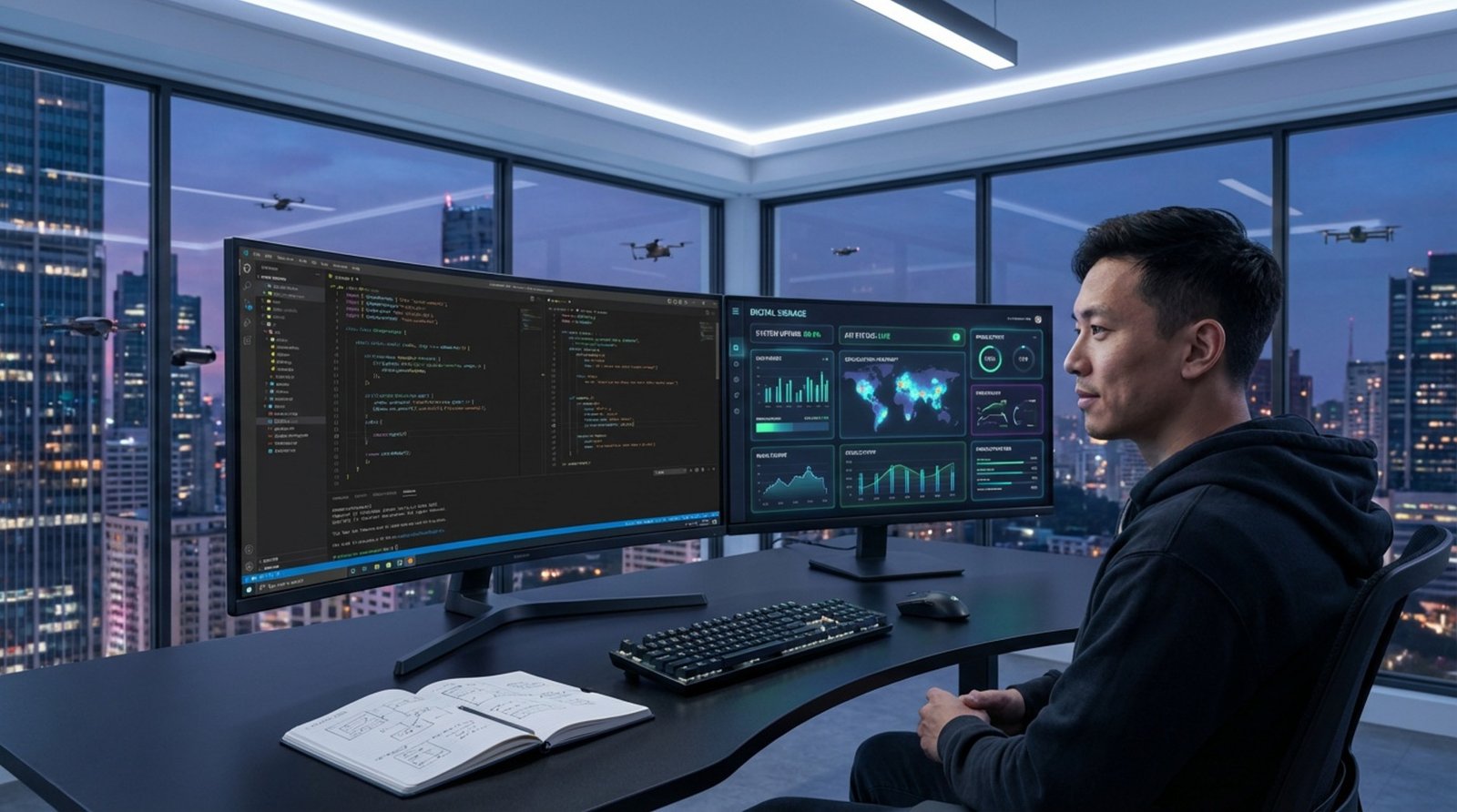 A developer works at their desk in a modern office with a split-screen monitor showing code and real-time data visualizations, highlighting innovation and custom development.
