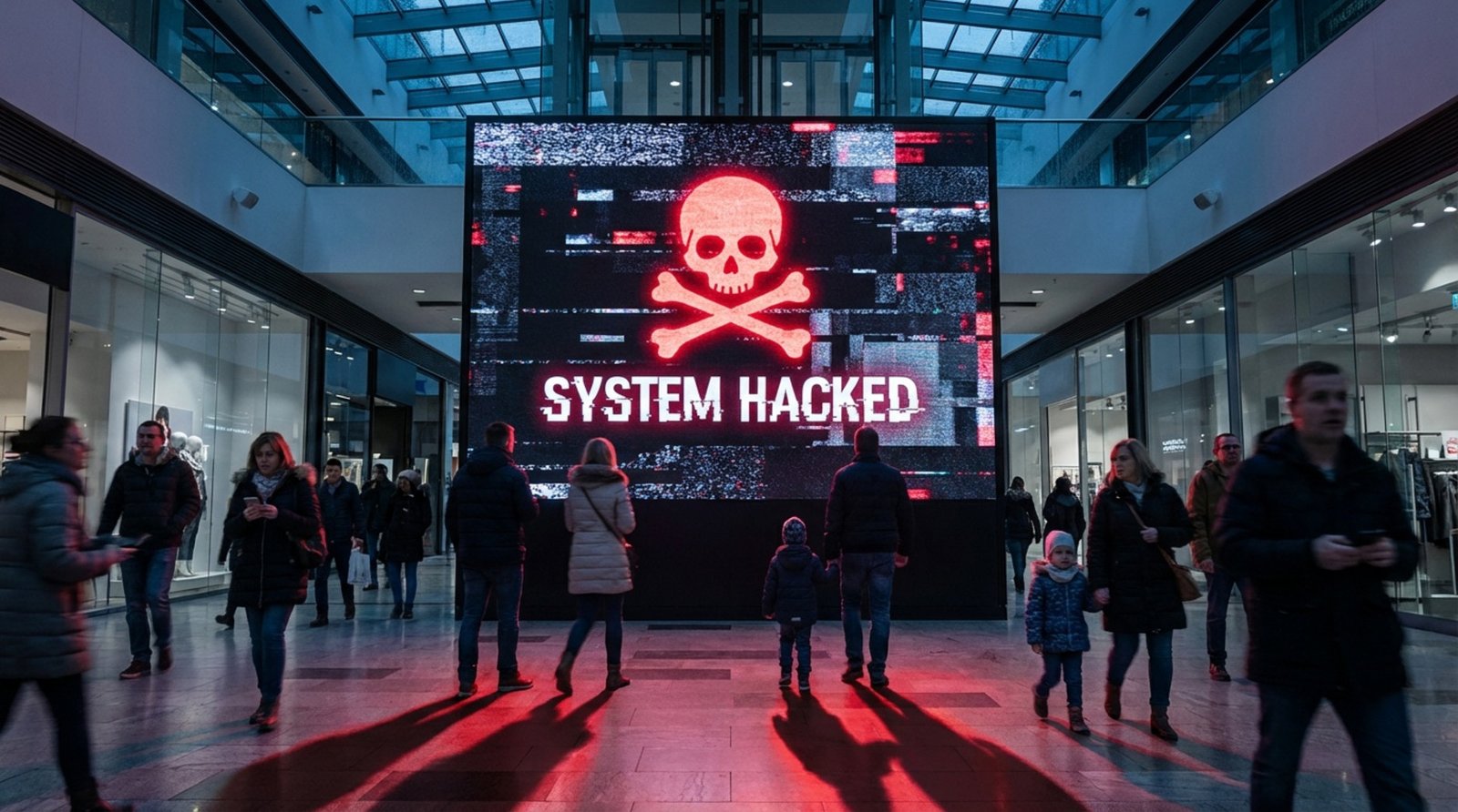 A digital signage screen in a mall displays a red skull and crossbones with system hacked text, causing shock among shoppers.