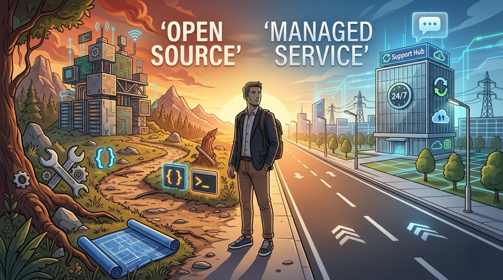 A person stands at a fork in the road representing a decision between open source and managed service options. One path is rugged with tools, leading to a self-built structure, while the other is smooth, leading to a modern building with a support icon.