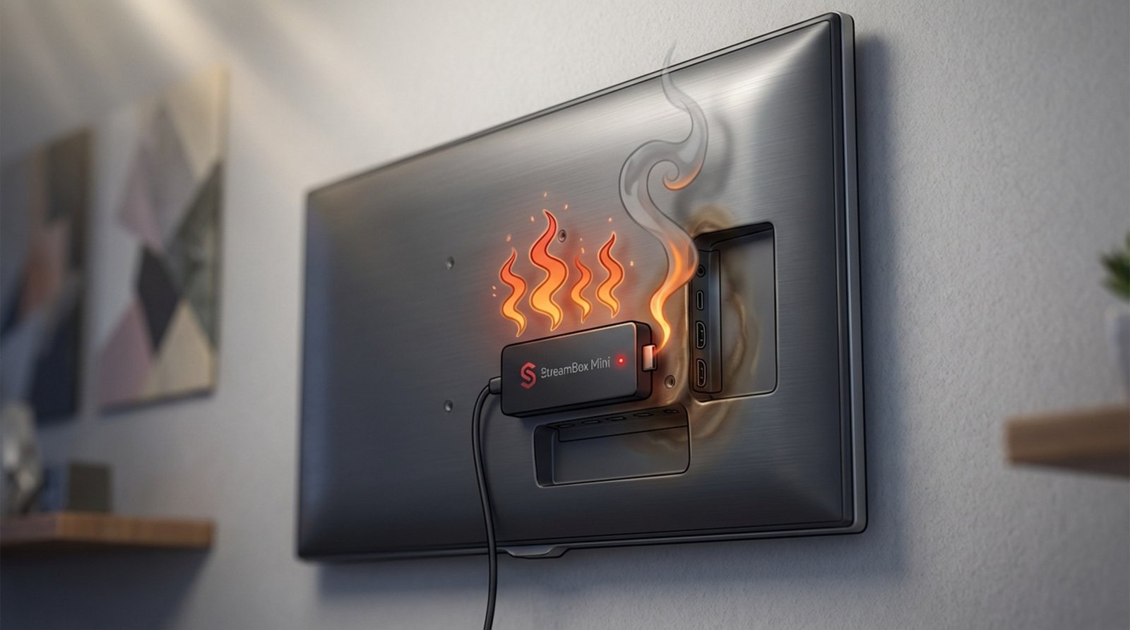 Stylized illustration of a streaming device overheating and emitting smoke on a digital display screen to depict device failure under constant use.