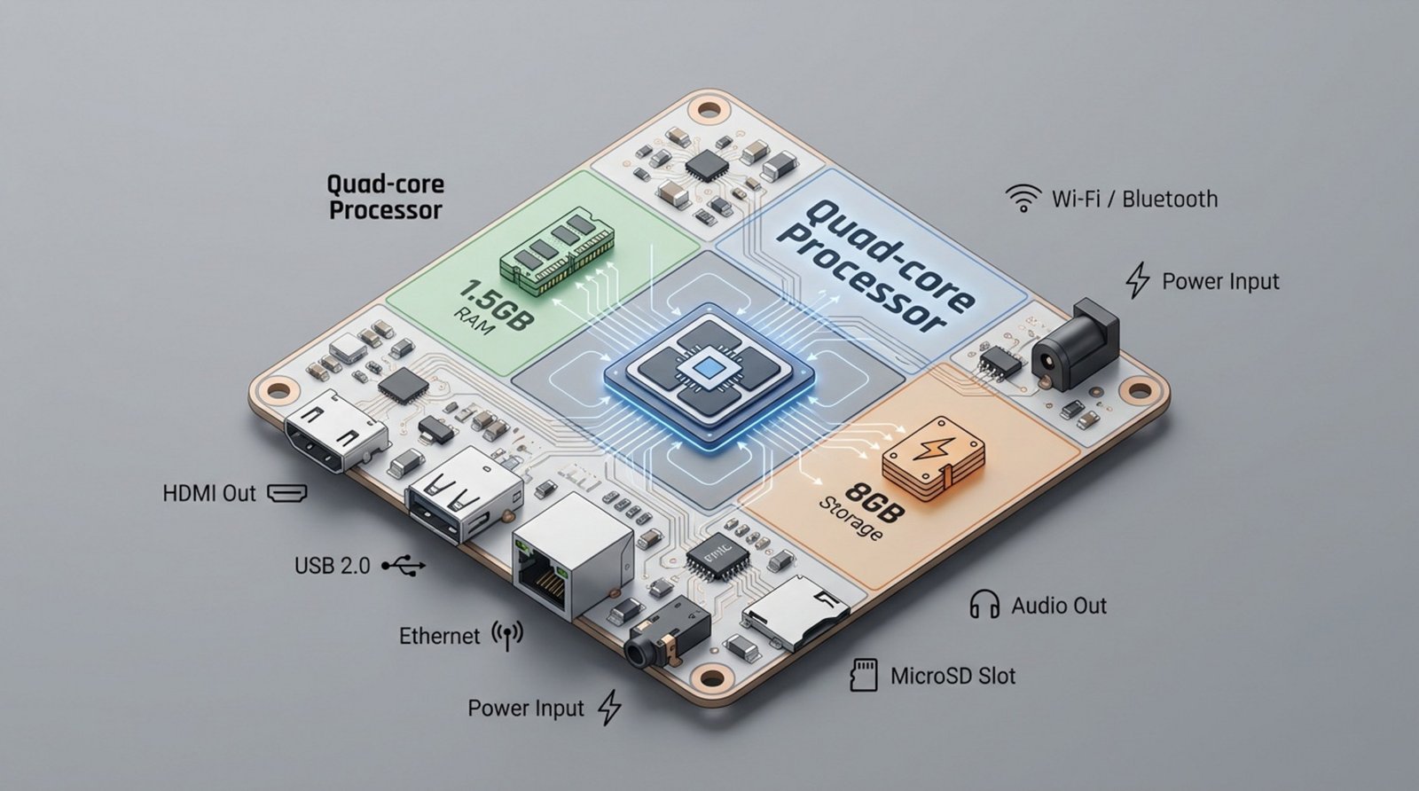 A modern infographic diagram illustrating the internal components of a budget System-on-Chip digital signage player with labeled sections for processor, RAM, and storage.