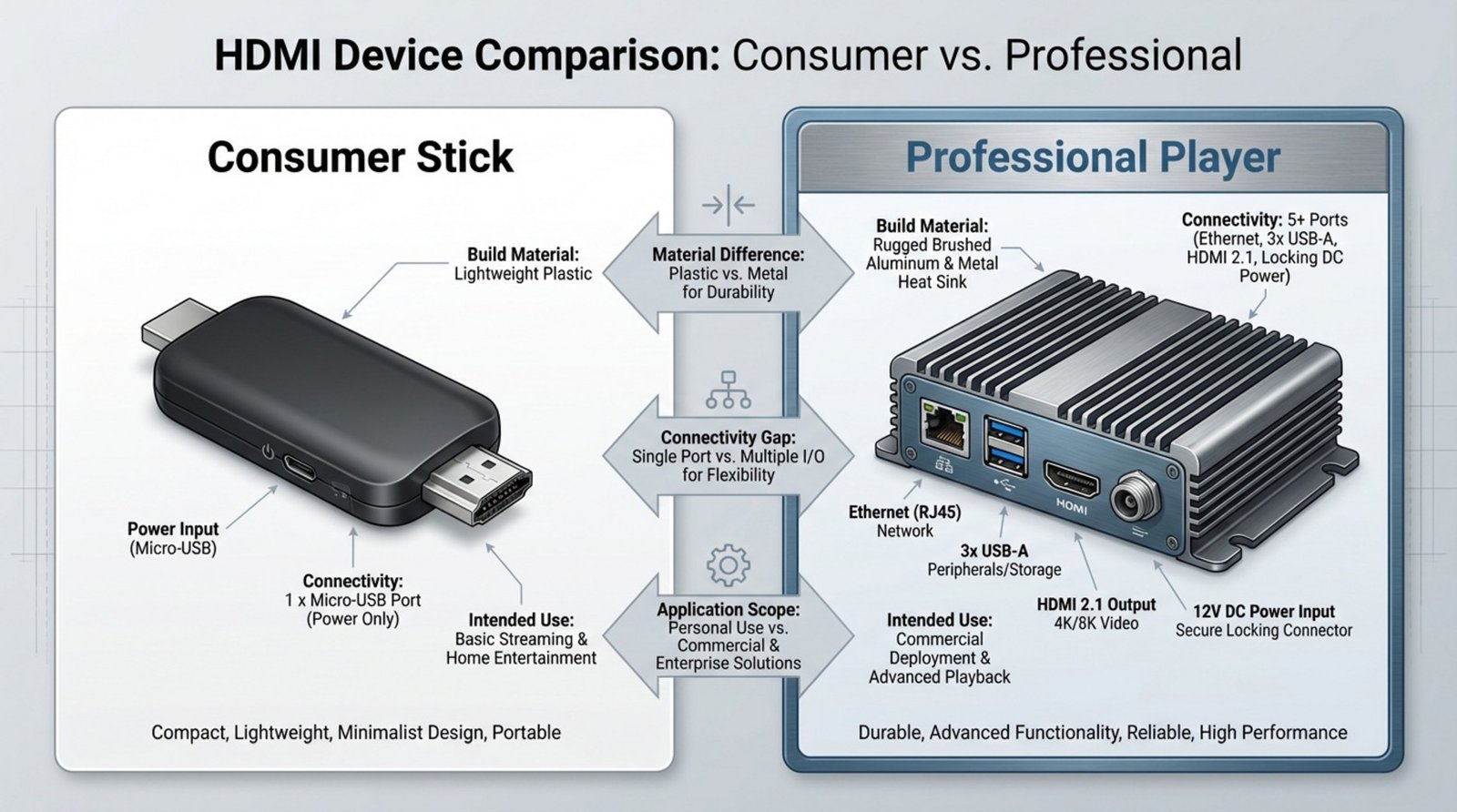 Side-by-side infographic comparing a small consumer HDMI stick with a micro-USB port and a rugged professional device with multiple ports and metal casing.