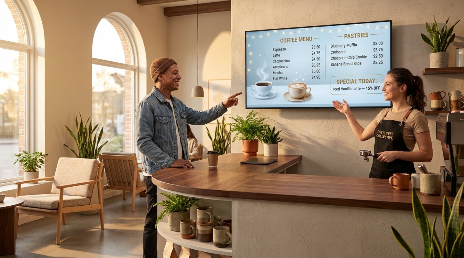 A digital menu board displays coffee options and pastries behind a modern café counter, highlighting digital signage in a welcoming small business setting.