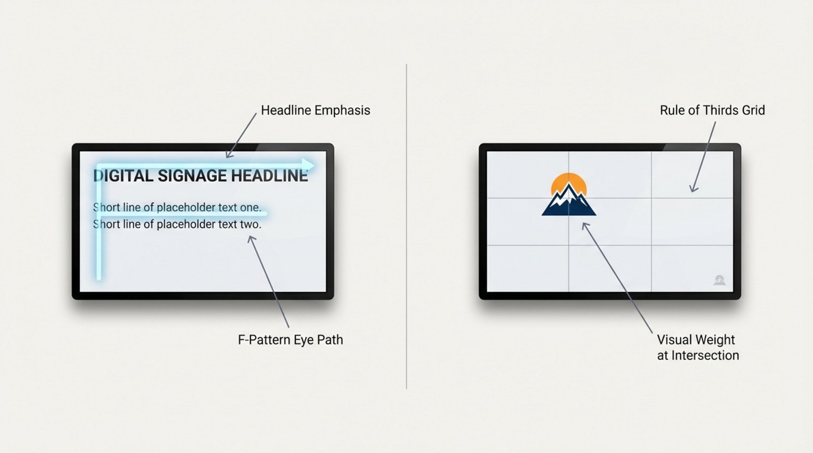 Diagram illustrating two key layout principles for digital signage, showing the F-Pattern eye flow and the Rule of Thirds grid for balanced design.
