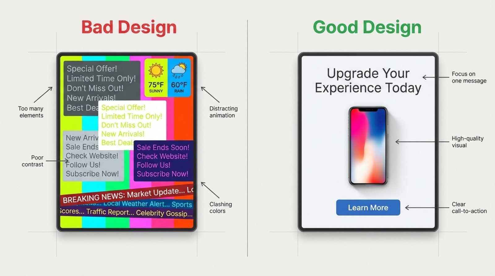 Comparison of bad and good digital signage design showcasing cluttered versus clean layouts.