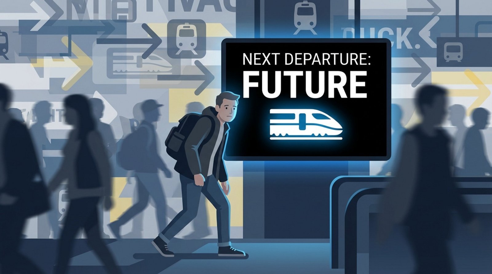 A person walks through a busy train station with a prominent digital signage screen displaying a clear message.