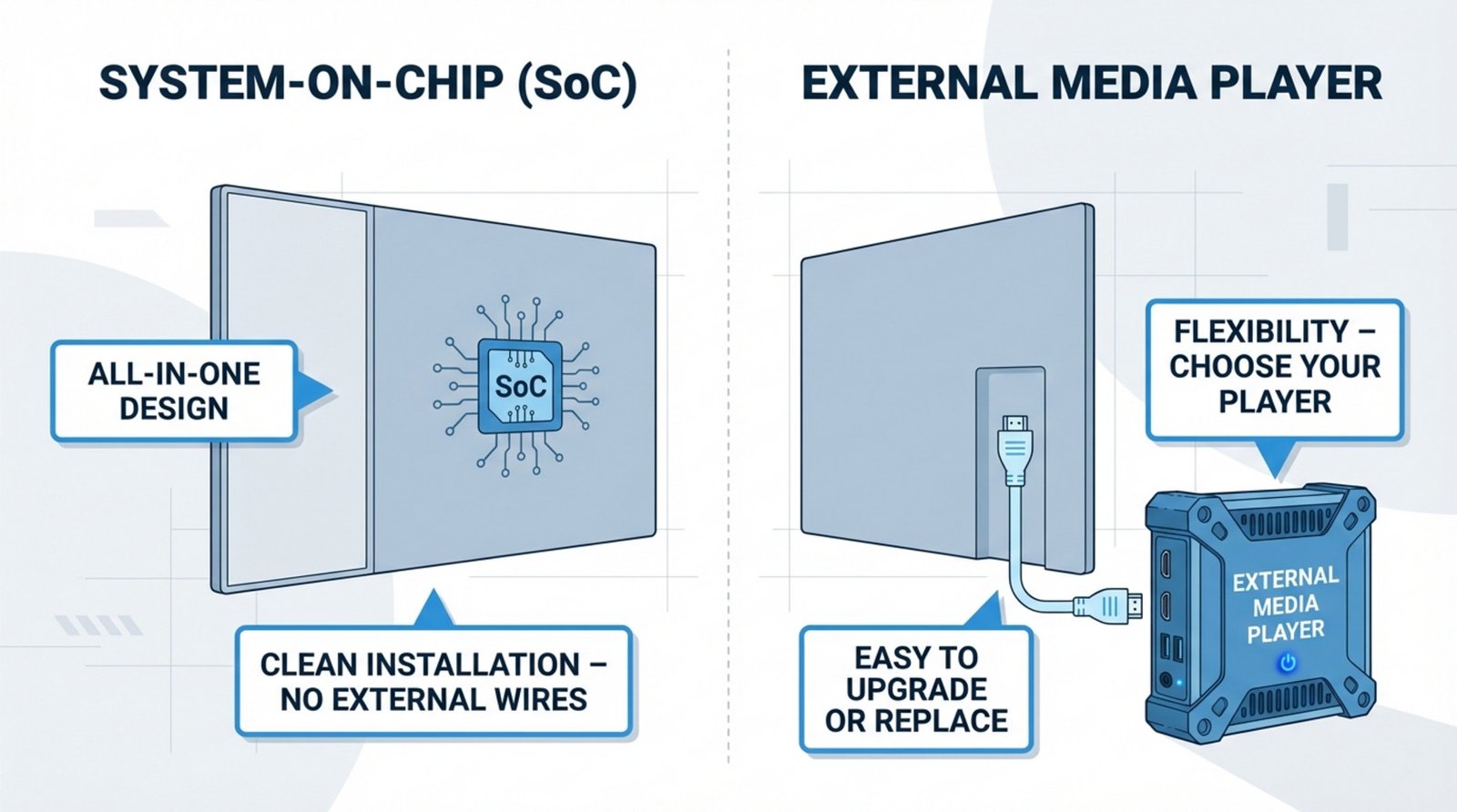 Infographic comparing a system-on-chip display with an external media player setup showing integrated and separate hardware options.
