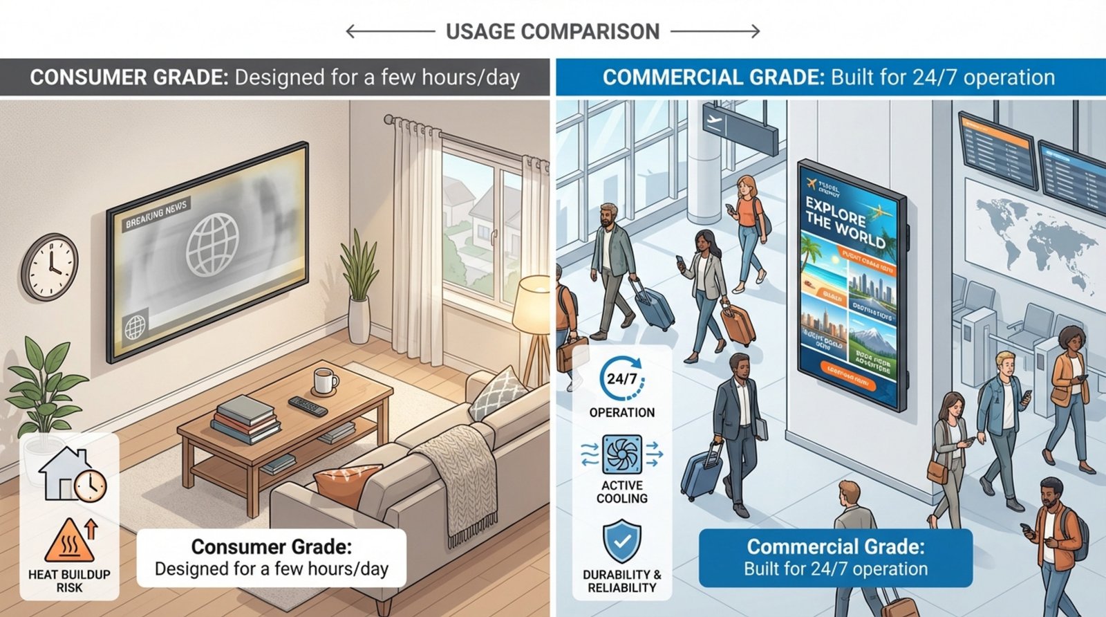 An informative diagram comparing consumer and commercial televisions, highlighting durability and continuous operation features.