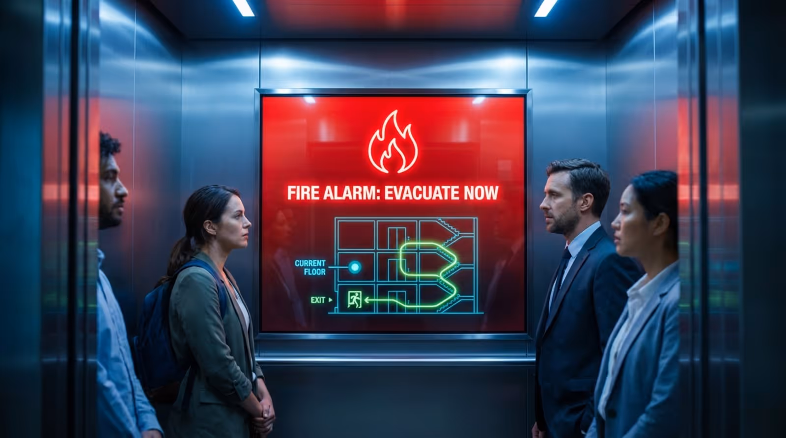 A digital screen inside an elevator displaying a fire emergency alert with a red background and evacuation instructions.