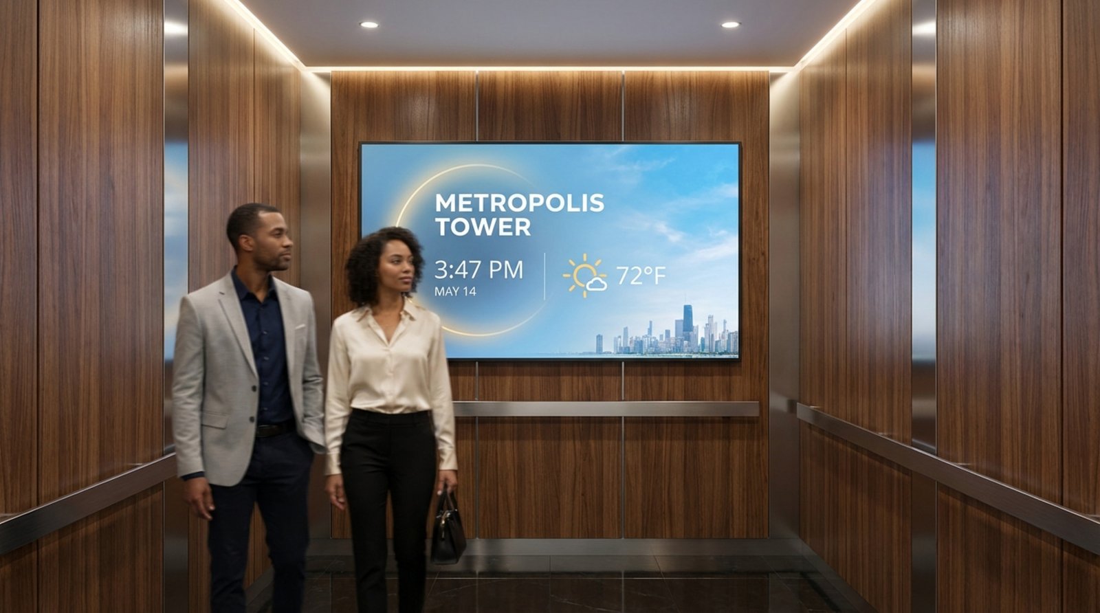 Inside a stylish elevator with a welcome message on a digital screen and business professionals observing it.