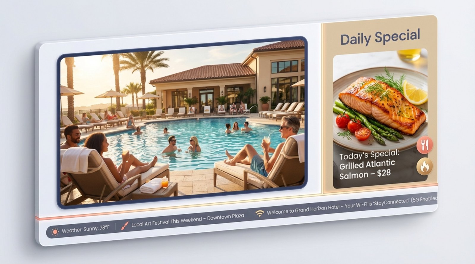 An infographic showing a hotel elevator digital signage screen divided into three zones with a pool video, restaurant special, and news ticker.