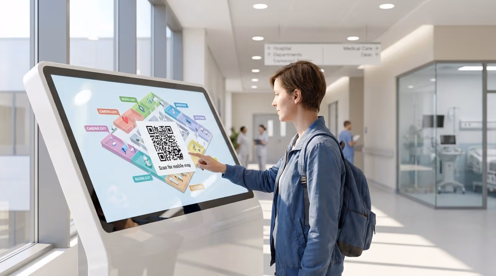 A visitor interacts with a digital hospital kiosk displaying a 3D map and QR code in a bright, modern hallway.