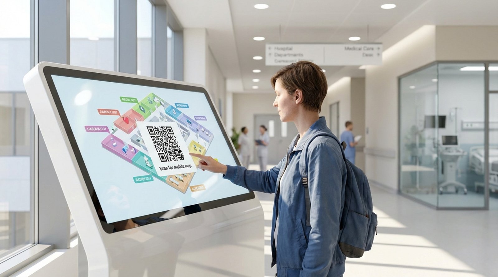 A visitor interacts with a digital hospital kiosk displaying a 3D map and QR code in a bright, modern hallway.