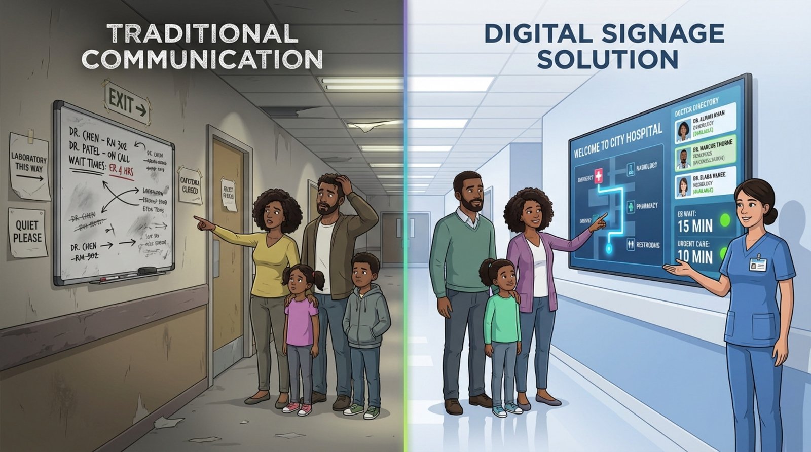 Split-screen infographic showing cluttered traditional hospital communication versus organized digital signage for clarity and efficiency.