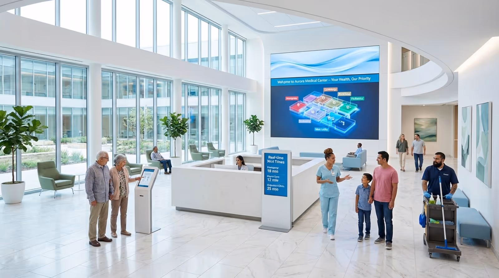 A bright modern hospital lobby with digital signage, diverse patients and staff, and a welcoming atmosphere.