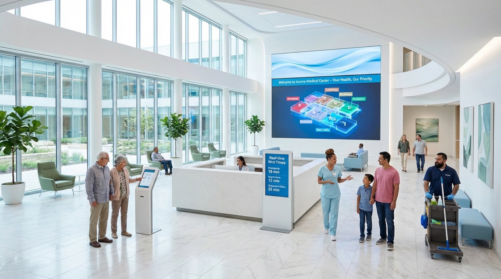 A bright modern hospital lobby with digital signage, diverse patients and staff, and a welcoming atmosphere.