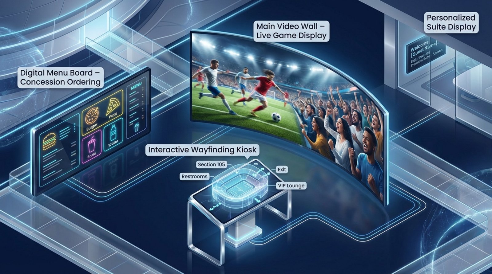 Futuristic infographic illustrating different types of digital signage in a stadium including a video wall, menu board, interactive kiosk, and luxury suite screen.