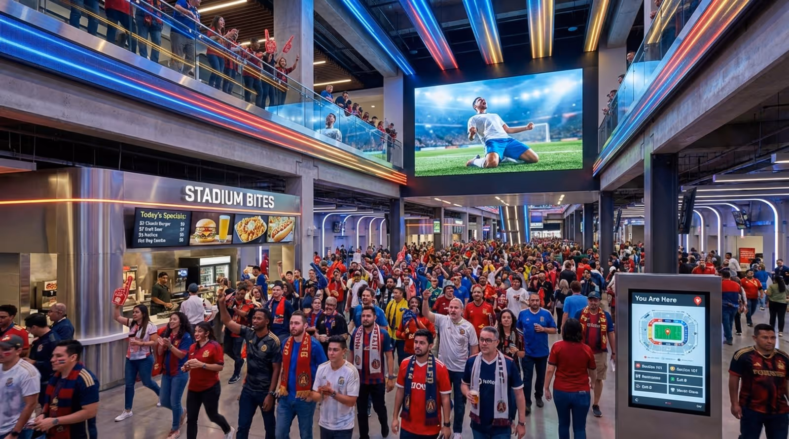 A lively stadium concourse filled with excited diverse fans, digital screens showing replays and menus, capturing a vibrant high-tech atmosphere.